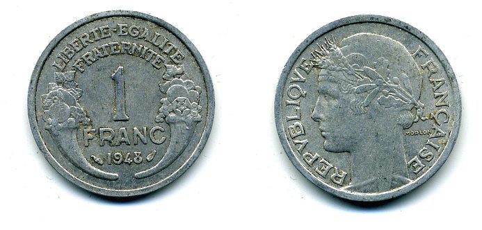 ФРАНЦИЯ 1 ФРАНК 1948 ТИП MORLON, LEGERE KM 885a.1, LE FRANC 221.13 алюминий 37-856