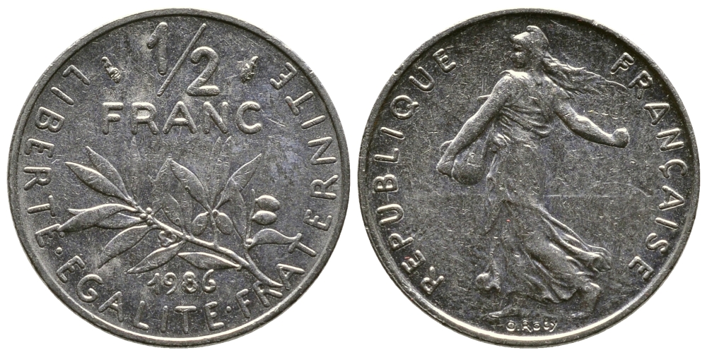 Франция 1/2 франка 1986 сеятель KM 931.1, Le Franc 198.25 никель 3458-168