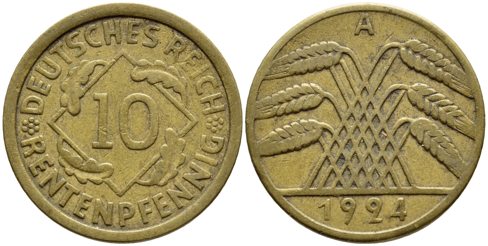 ГЕРМАНИЯ 10 РЕНТЕНПФЕННИГОВ 1924 A KM 33, J. 309, Weege 8 алюминиевая бронза 4397-631