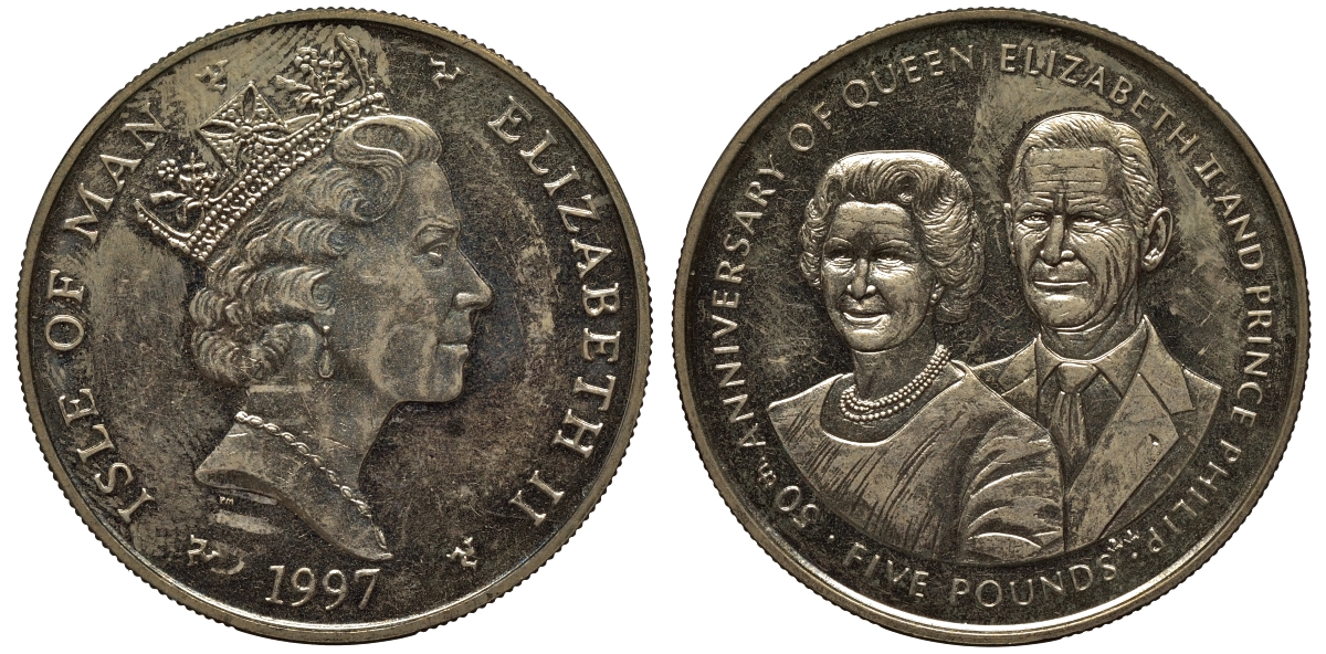 Остров Мэн 5 фунтов 1997 АА, Елизавета и Филипп, золотая свадьба KM 769 вирениум UNC 4558-214