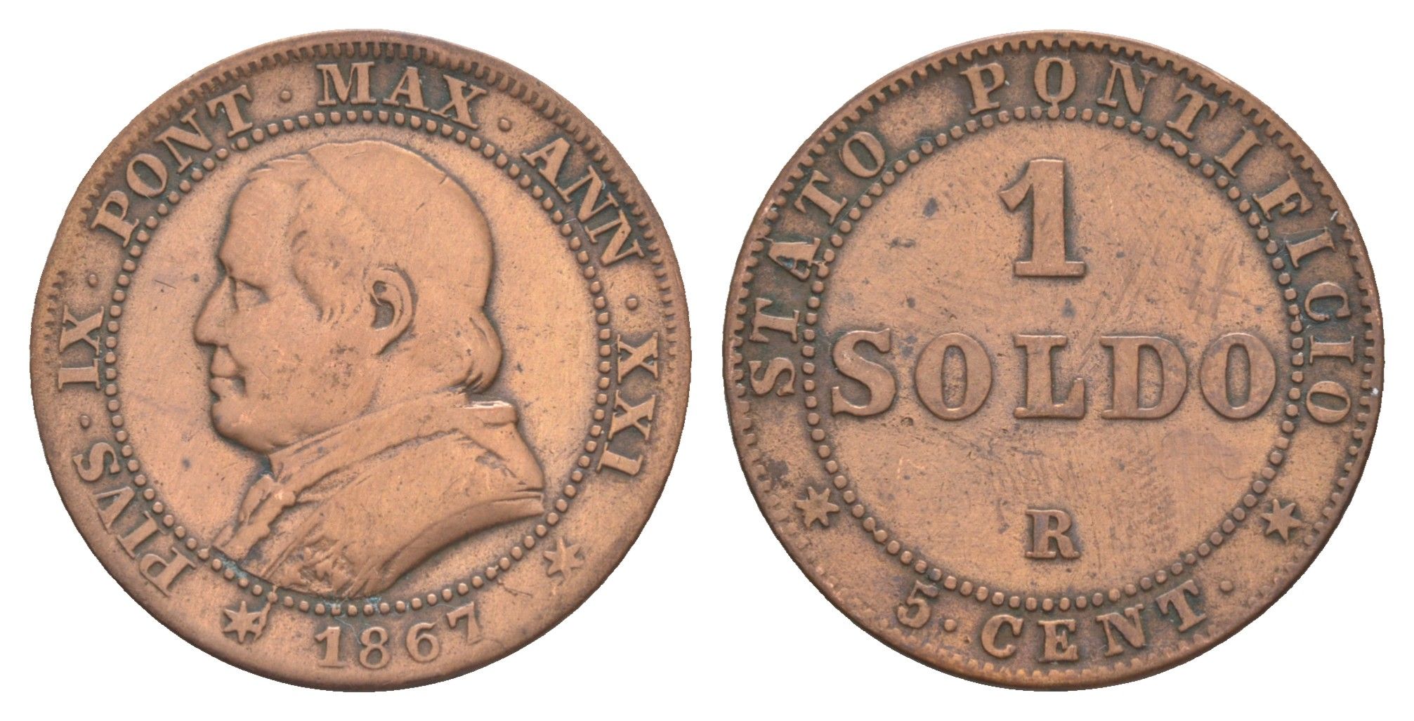 Папская область 1 сольдо 1867 Пий IX KM 1372.2 медь 4646-516