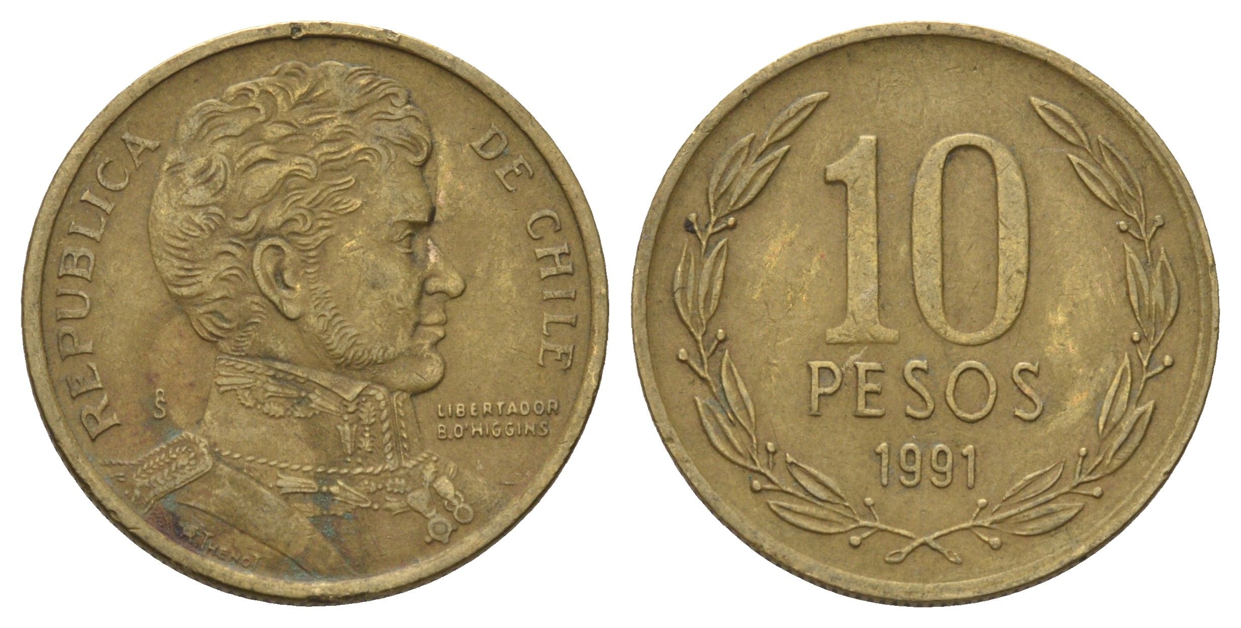 Чили 10 песо 1991 KM 228 никель латунь 4155-145