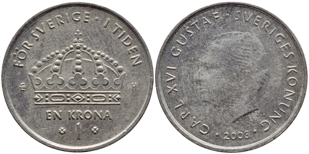 Швеция 1 крона 2003 Карл XVI Густав (1973- ) KM 894 медно-никель 4179-1212
