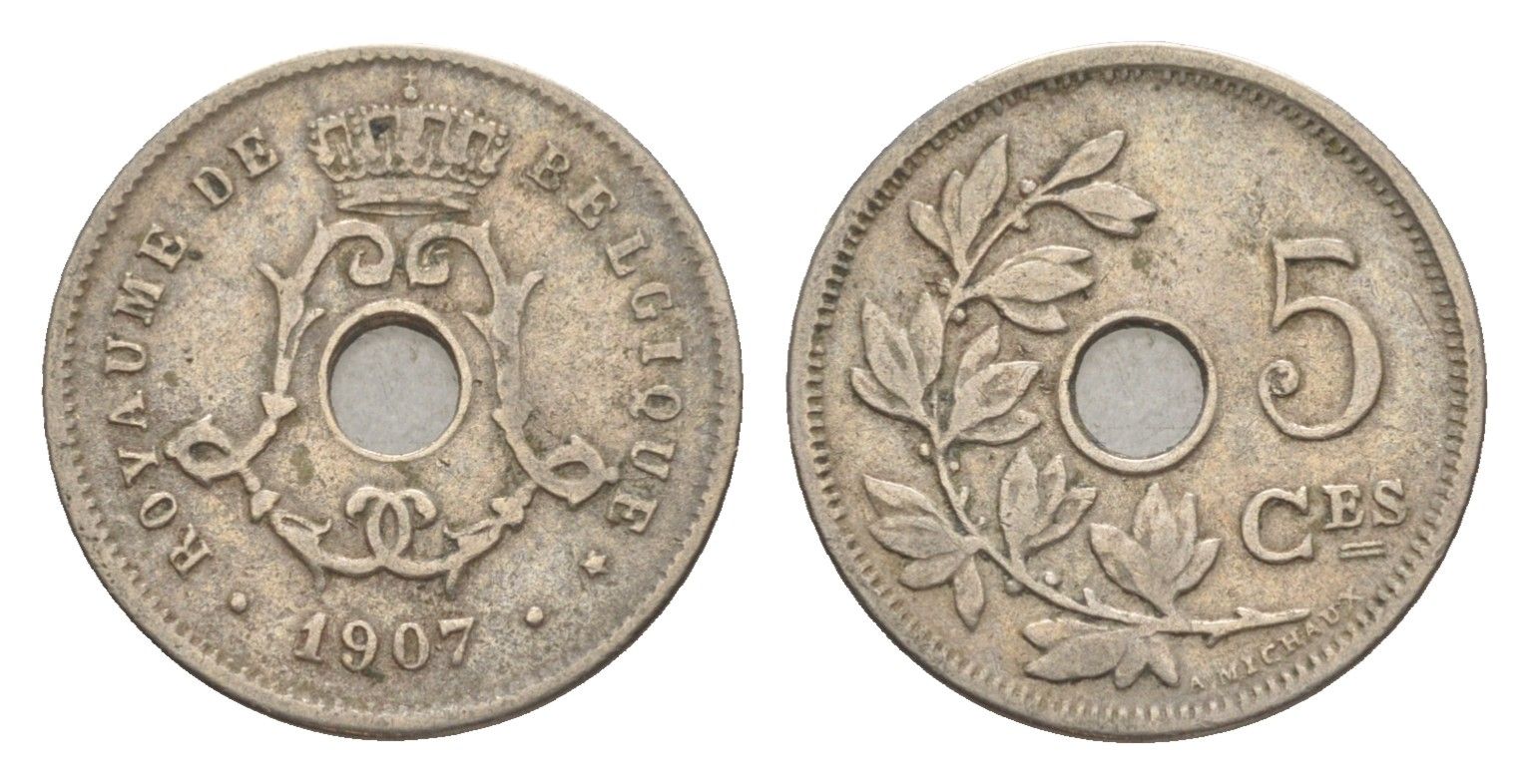 Бельгия 5 сантимов 1907 Belgique, Леопольд I (1865-1909) KM 54 медно-никель 4615-845