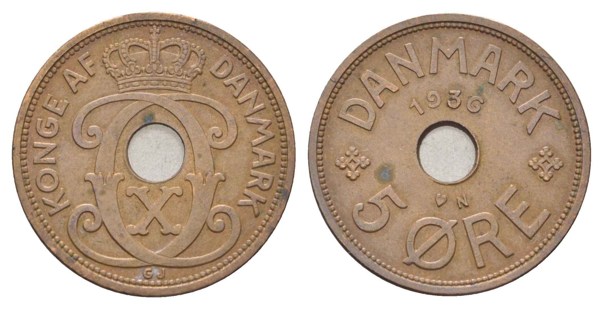 Дания 5 эре 1936 N, Кристиан X (1912-1947) KM 828 бронза 4706-741