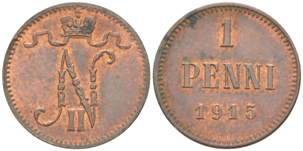 РОССИЯ ДЛЯ ФИНЛЯНДИИ 1 ПЕННИ 1915 НИКОЛАЙ II KM 13, Биткин 475 медь 4396-1442