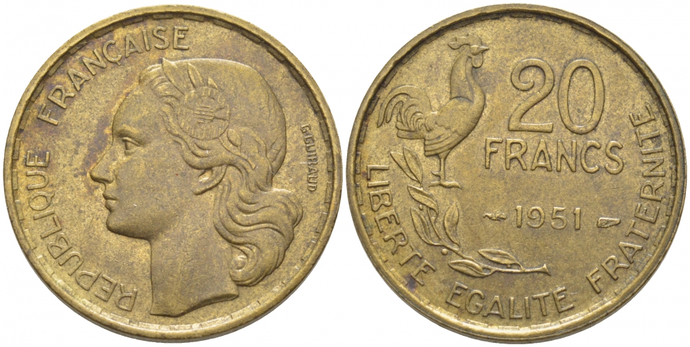 ФРАНЦИЯ 20 ФРАНКОВ 1951 ПЕТУХ, 4 ПЕРА KM 917.1, LE FRANC 402.7 алюминиевая бронза 3856-424