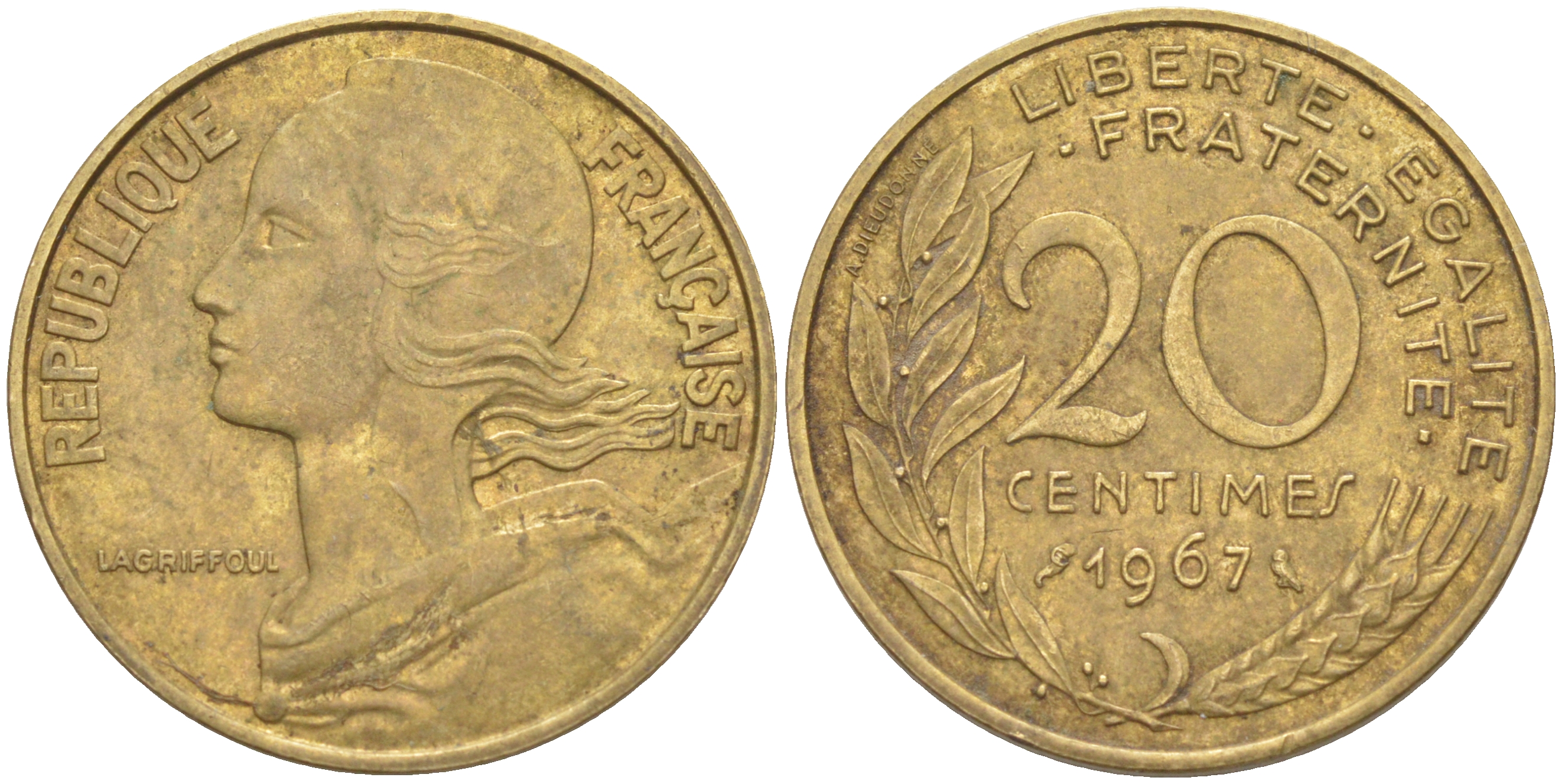 ФРАНЦИЯ 20 САНТИМОВ 1967 ТИП MARIANNE KM 930, Le Franc 156.7 медь алюминий никель 4513-116