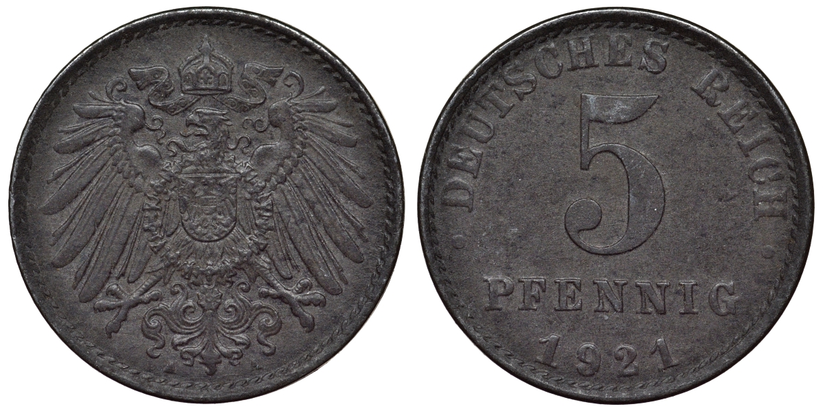 Германия 5 пфеннигов 1921 A KM 19, J. 297, Weege 5 железо 4118-1121