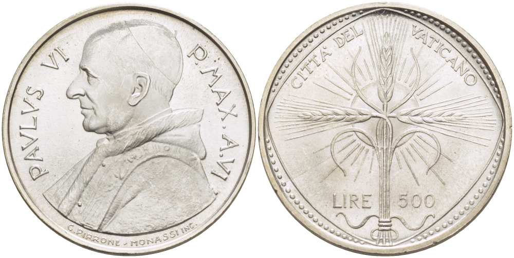Ватикан 500 лир 1968 VI год, Павел VI (1963-1978), FAO, крест из колосьев KM 107 серебро 3333-1115