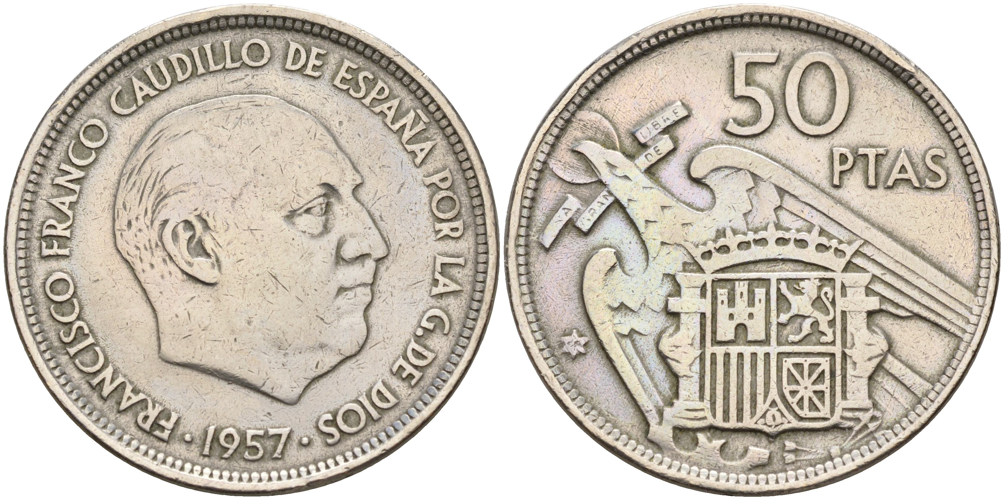 Испания 50 песет 1957 (58) Франсиско Франко (1939-1975) KM 788 медно-никель    4144-233