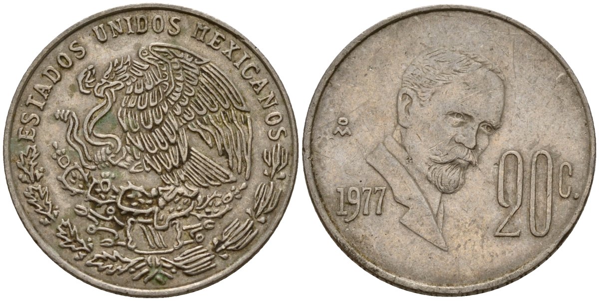 Мексика 20 сентаво 1977 Франциско Индалеси KM 442 медно-никель 4154-961
