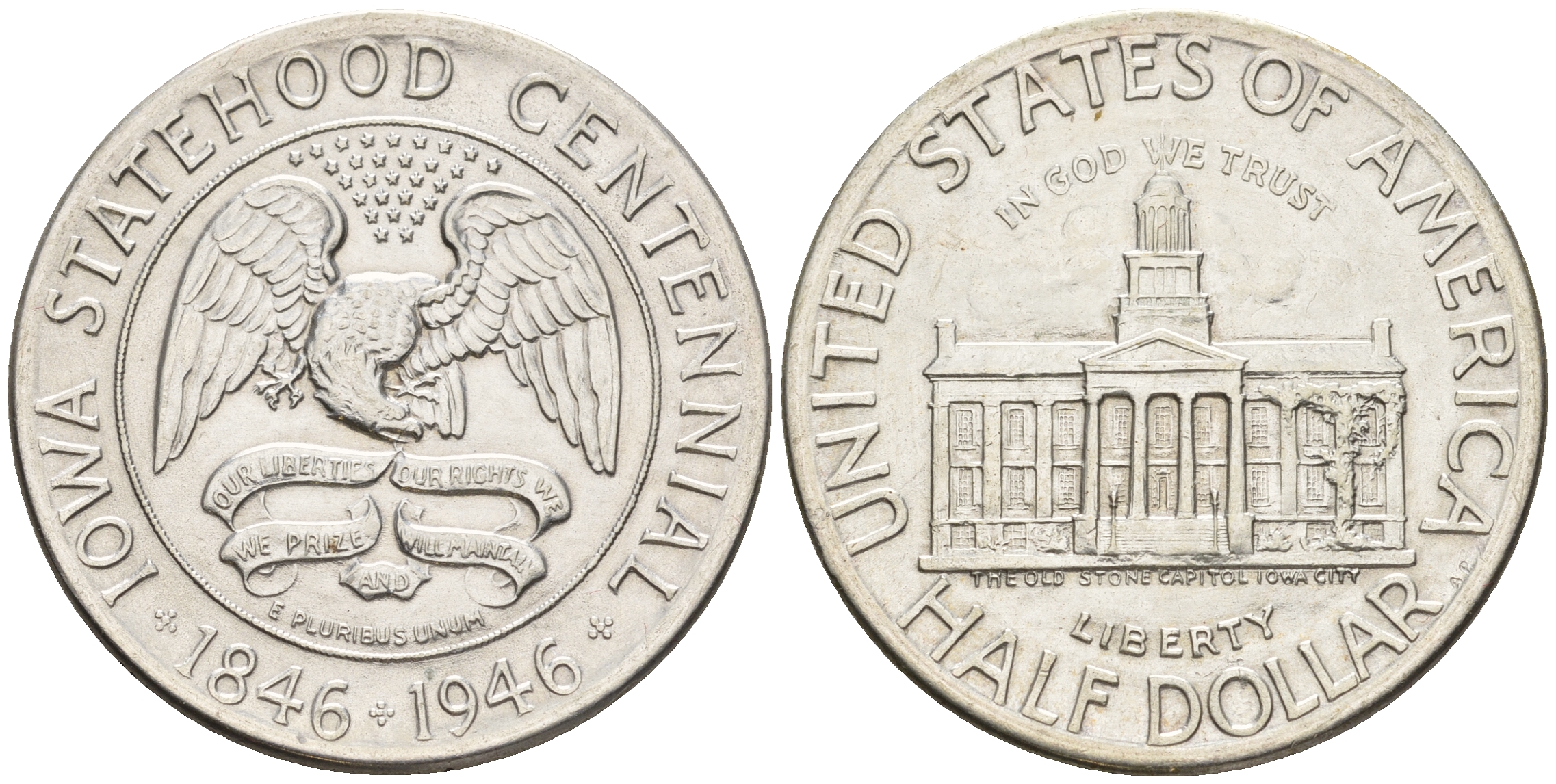 США 1/2 доллара (50 центов) 1946 100 лет штату Айова, здание первого Капитолия в Айове KM 197 серебро 11-116-12