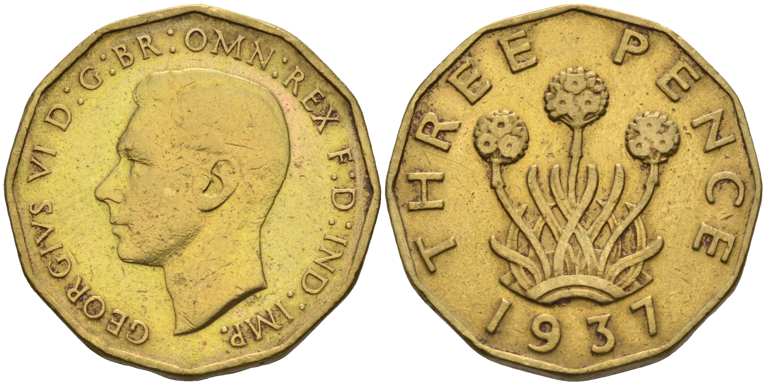 Великобритания 3 пенса 1937 Георг VI (1936-1952) KM 849, Spink 4112 никель латунь 4592-351