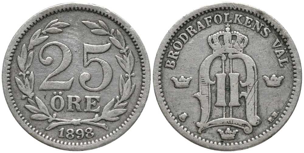 Швеция 25 эре 1898 EB, Оскар II (1872-1907) король Швеции и Норвегии KM 739 (531) серебро 201-1116