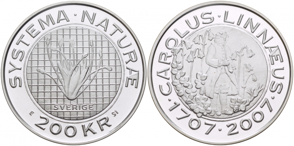 Швеция 200 крон 2007 Карл XVI Густав (1973- ), 300 лет со дня рождения Карлу Линнею KM 923 серебро UNC 00-000-00