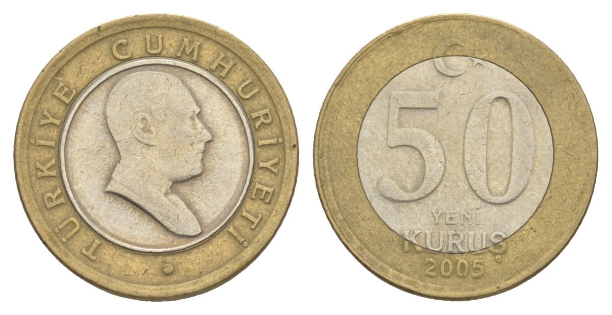 Турция 50 курушей 2005 Кемаль Ататюрк KM 1168 биметалл 4633-332