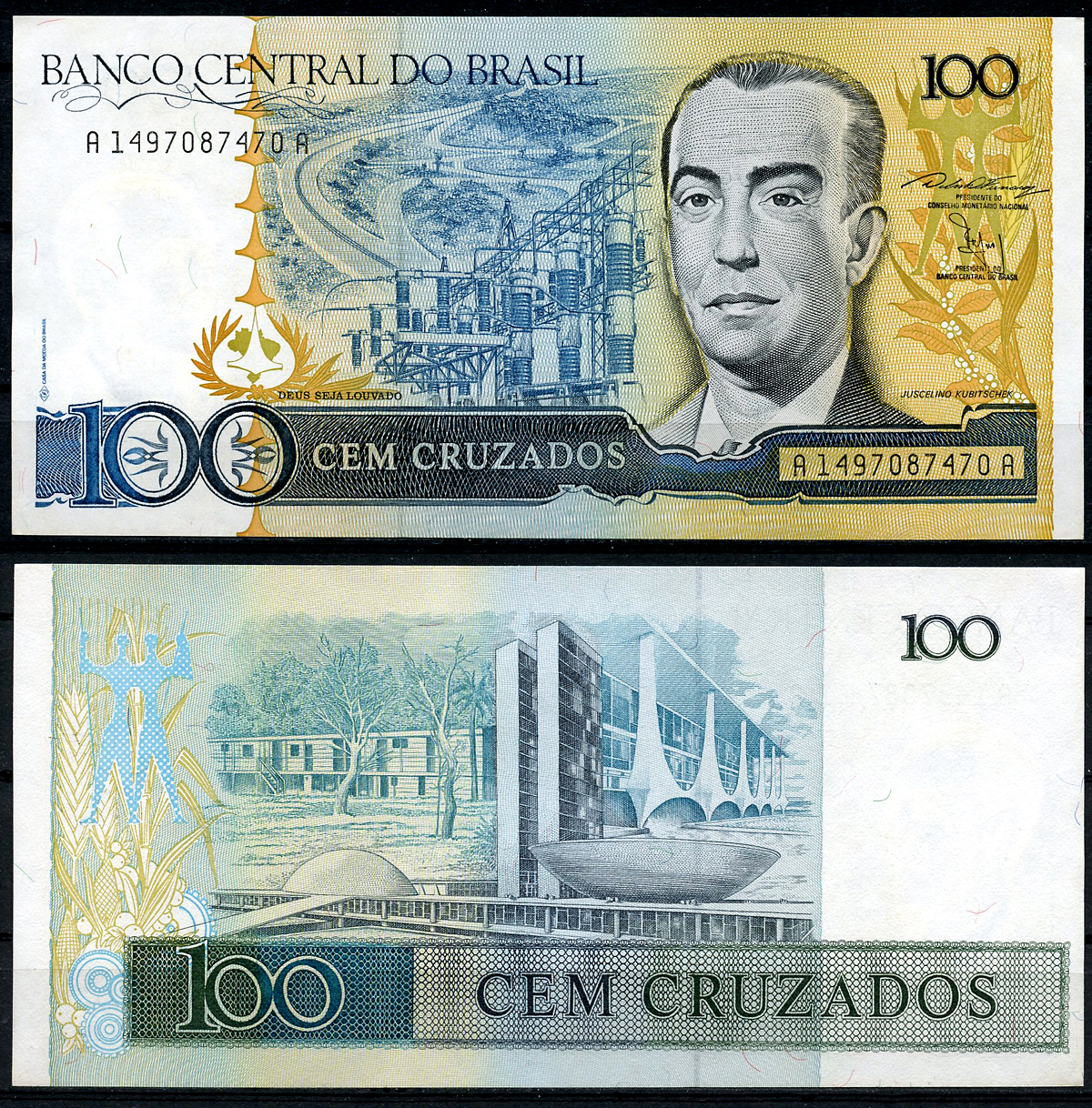 Бразилия 100 крузадо ND (1986-1988) серия A 1497, Жуселину Кубичек Pick 211 c  бумага  UNC (пресс) 447-70-5-2