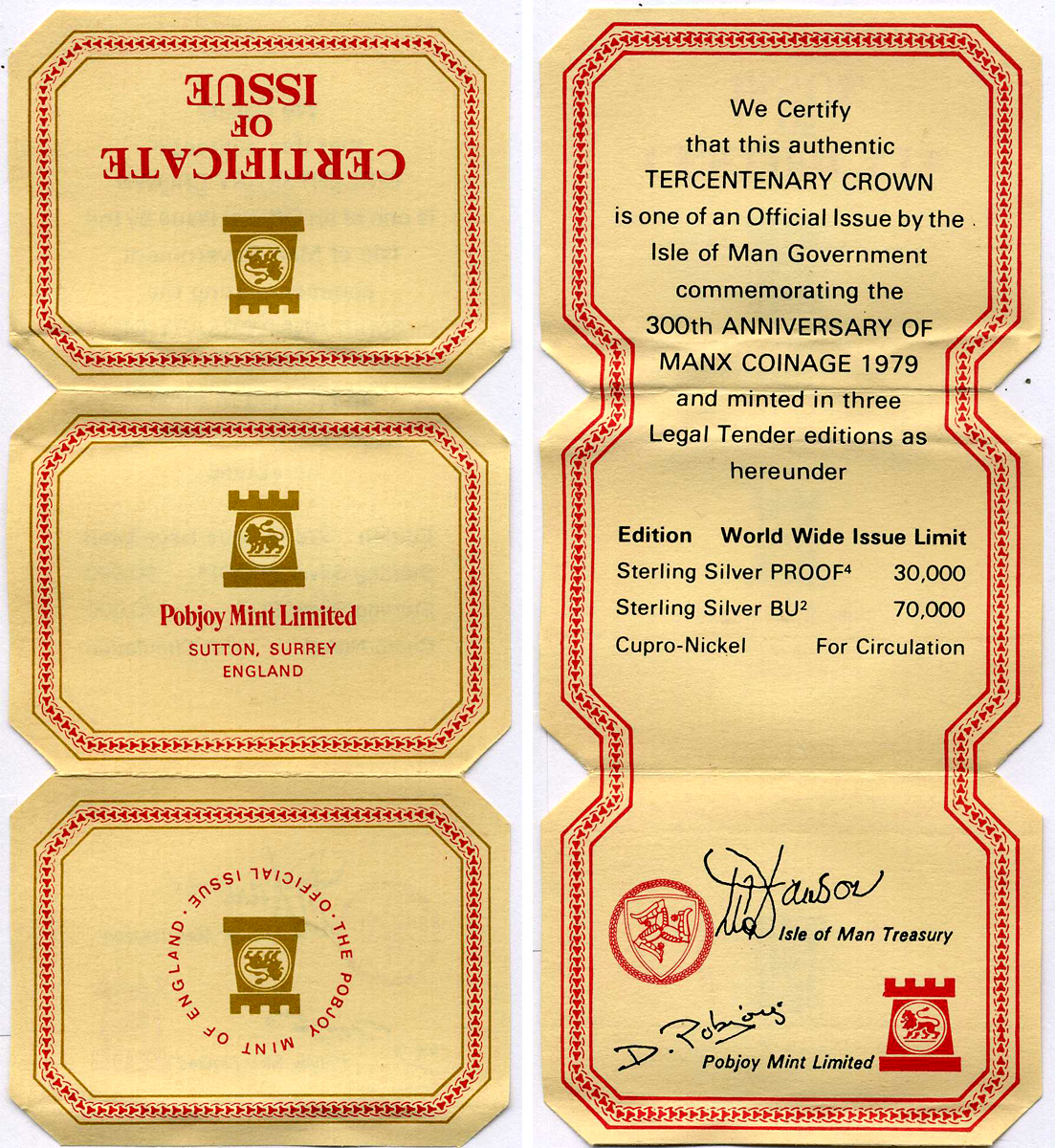 Остров Мэн 1 крона 1979 300 лет чеканке монет на острове Мэн, в оригинальной коробке, с сертификатом KM 45а серебро PROOF 3-4-4-21