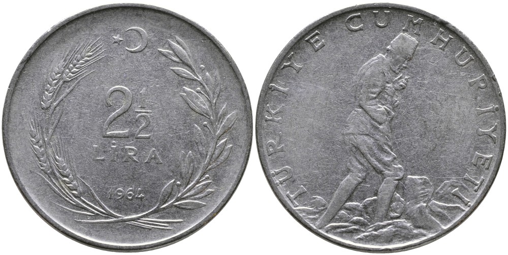 ТУРЦИЯ 2 1/2 ЛИРЫ 1964 KM 893.1 нержавеющая сталь 29-1042