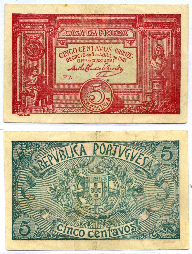 Португалия 5 сентаво бронзовых 1918 Casa da Moeda, красная Pick 98 бумага 7220-38-1-1