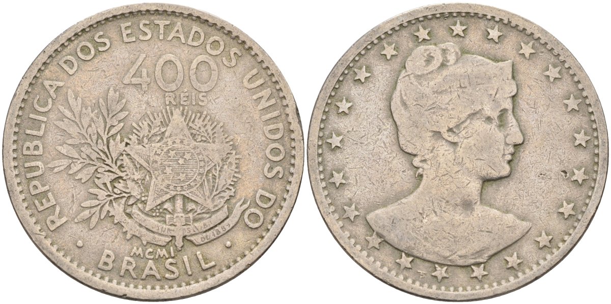 Бразилия 400 рейс 1901 голова свободы вправо KM 505 медно-никель 4367-214