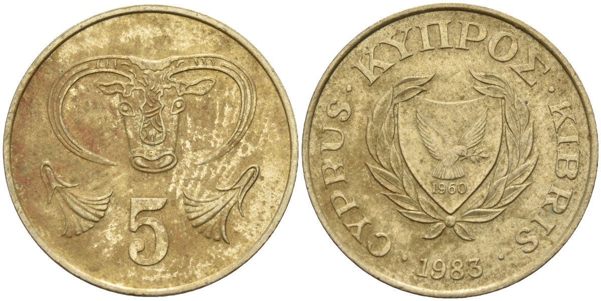 Кипр 5 центов 1983 голова быка KM 55.1 никель латунь 4141-853