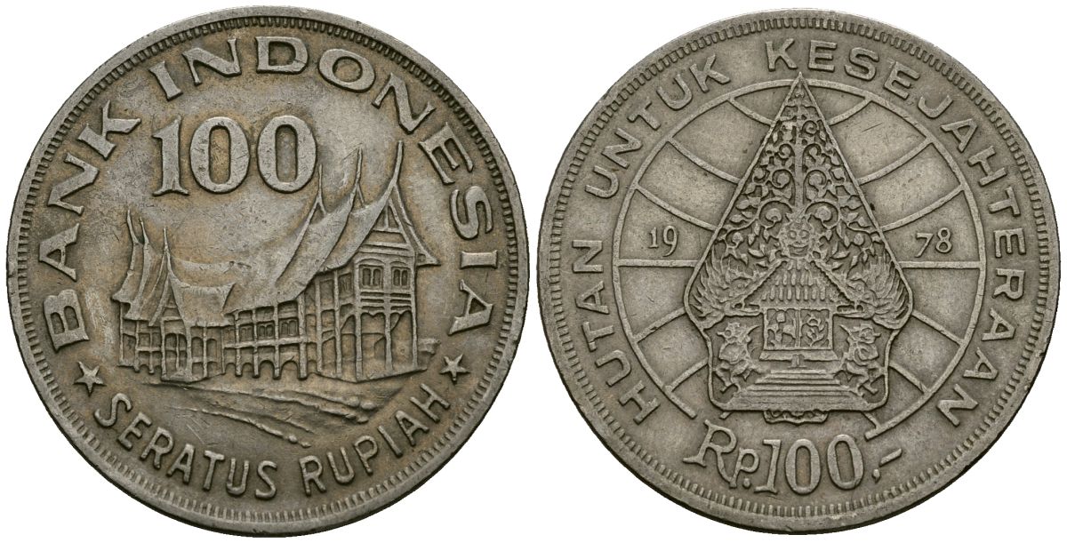 Индонезия 100 рупий 1978 хижина Минангкабау, легендарное дерево жизни KM 42 медно-никель 4137-334