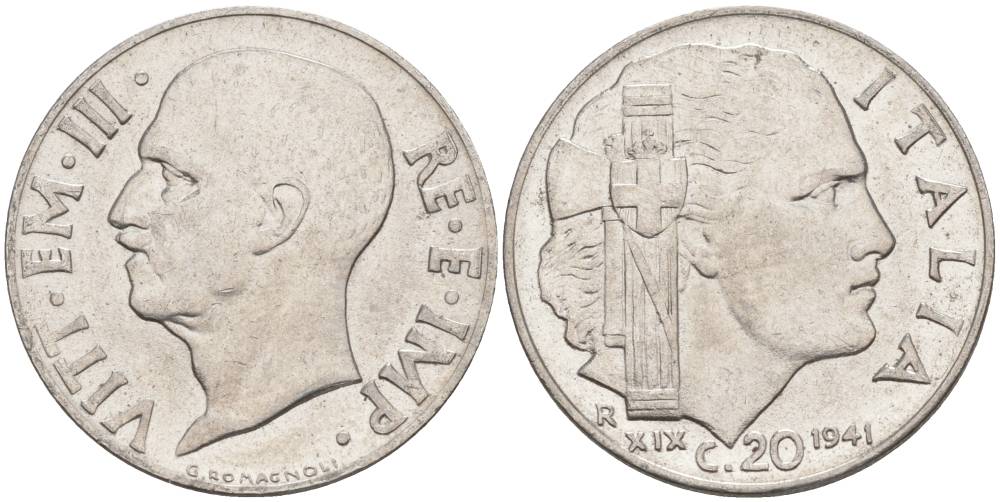 ИТАЛИЯ 20 ЧЕНТЕЗИМО 1941 R, ГОД XIX, ВИКТОР ЭММАНУИЛ III (1900-1946) KM 75b, VEM3. 1028 нержавеющая сталь 3853-623