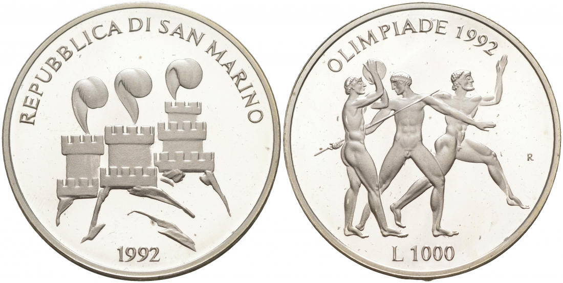 Сан-Марино 1000 лир 1992 XXV летние Олимпийские игры в Барселоне 1992 года, легкая атлетика KM 277 серебро PROOF 1096-1-74