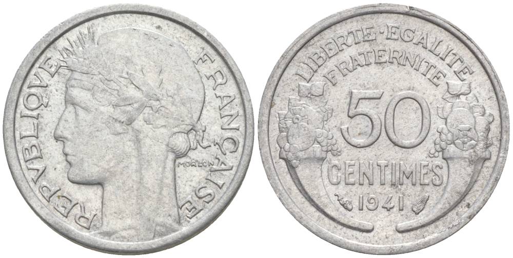 ФРАНЦИЯ 50 САНТИМОВ 1941 ТИП MORLON LOURDE KM 894.1a, LE FRANC 193.2 алюминий 44-257