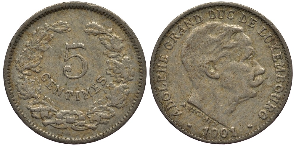 Люксембург 5 сантимов 1901 герцог Адольф (1890-1905) KM 24 медно-никель 4528-267