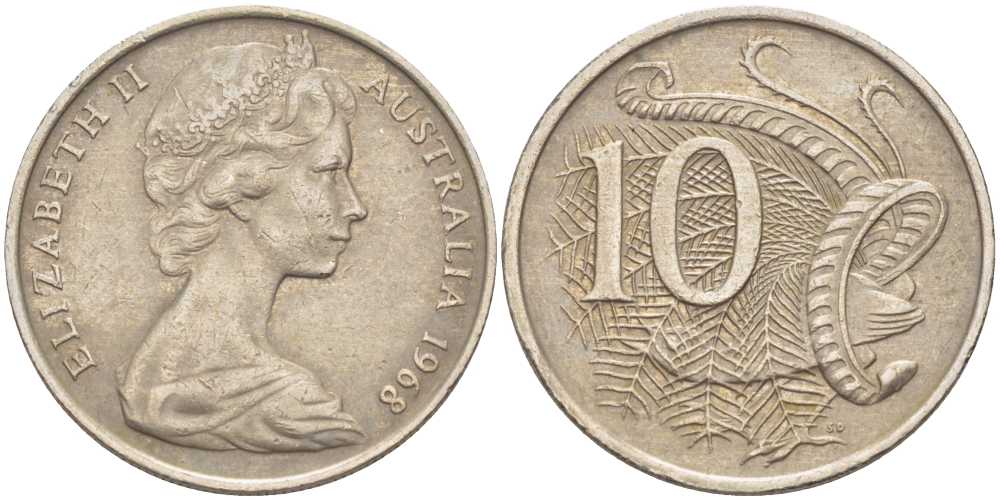 Австралия 10 центов 1968 Елизавета II (1952-), птица лирахвост KM 65 медно-никель 4382-923