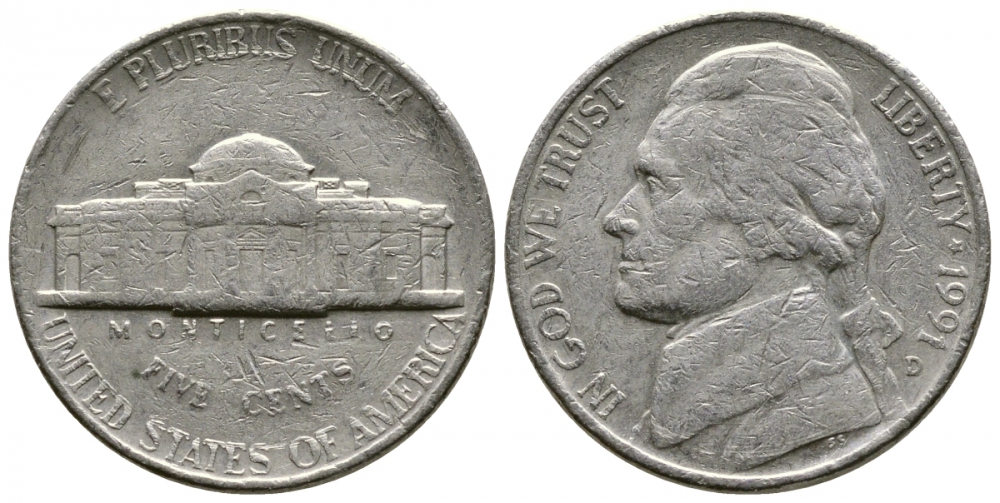 США 5 ЦЕНТОВ 1991 D, ДЖЕФЕРСОН KM А192 медно-никель 4541-146