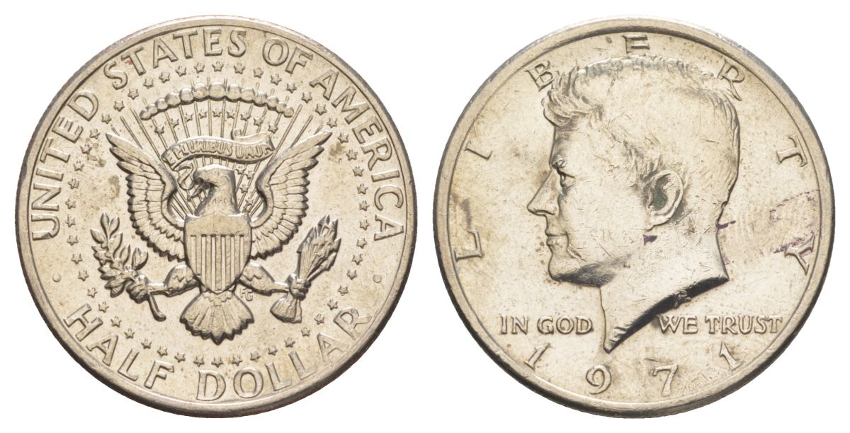 США 1/2 доллара (50 центов) 1971 Джон Кеннеди KM 202b медь плакированная медно-никелем aUNC 4137-623