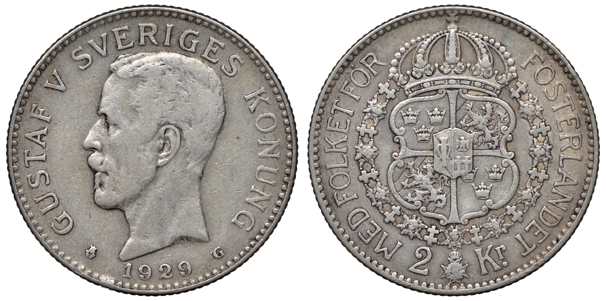Швеция 2 кроны 1929 G, Густав V (1907-1950) KM 787 серебро 4117-721