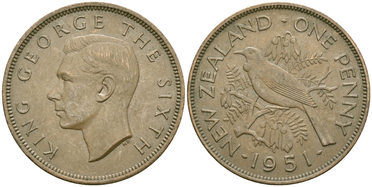 Новая Зеландия 1 пенни 1951 Георг VI (1936-1952), новозеландский туи KM 21 бронза 4536-421