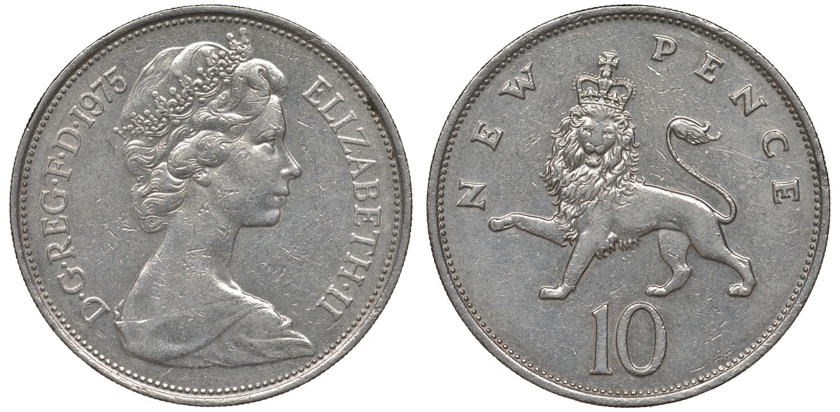 Великобритания 10 пенсов 1975 Елизавета II (1952-2022) KM 912, Spink 4231 (F1) медно-никель 4131-341