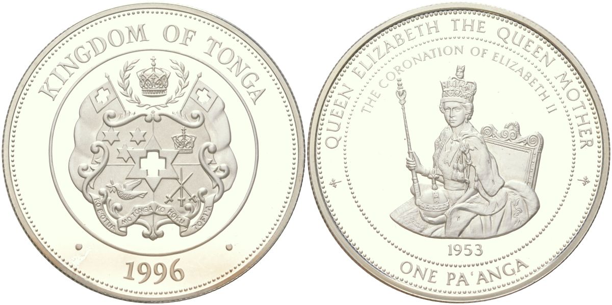 Тонга 1 паанга 1996 Коронация Королевы Елизаветы II - 1953 KM?177 серебро PROOF 01-235-35