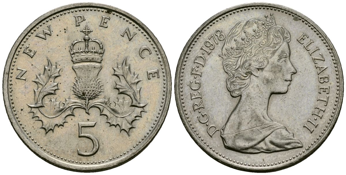 Великобритания 5 пенсов 1978 Елизавета II (1952-2022) KM 911, Spink 4233 (D1) медно-никель 27-425