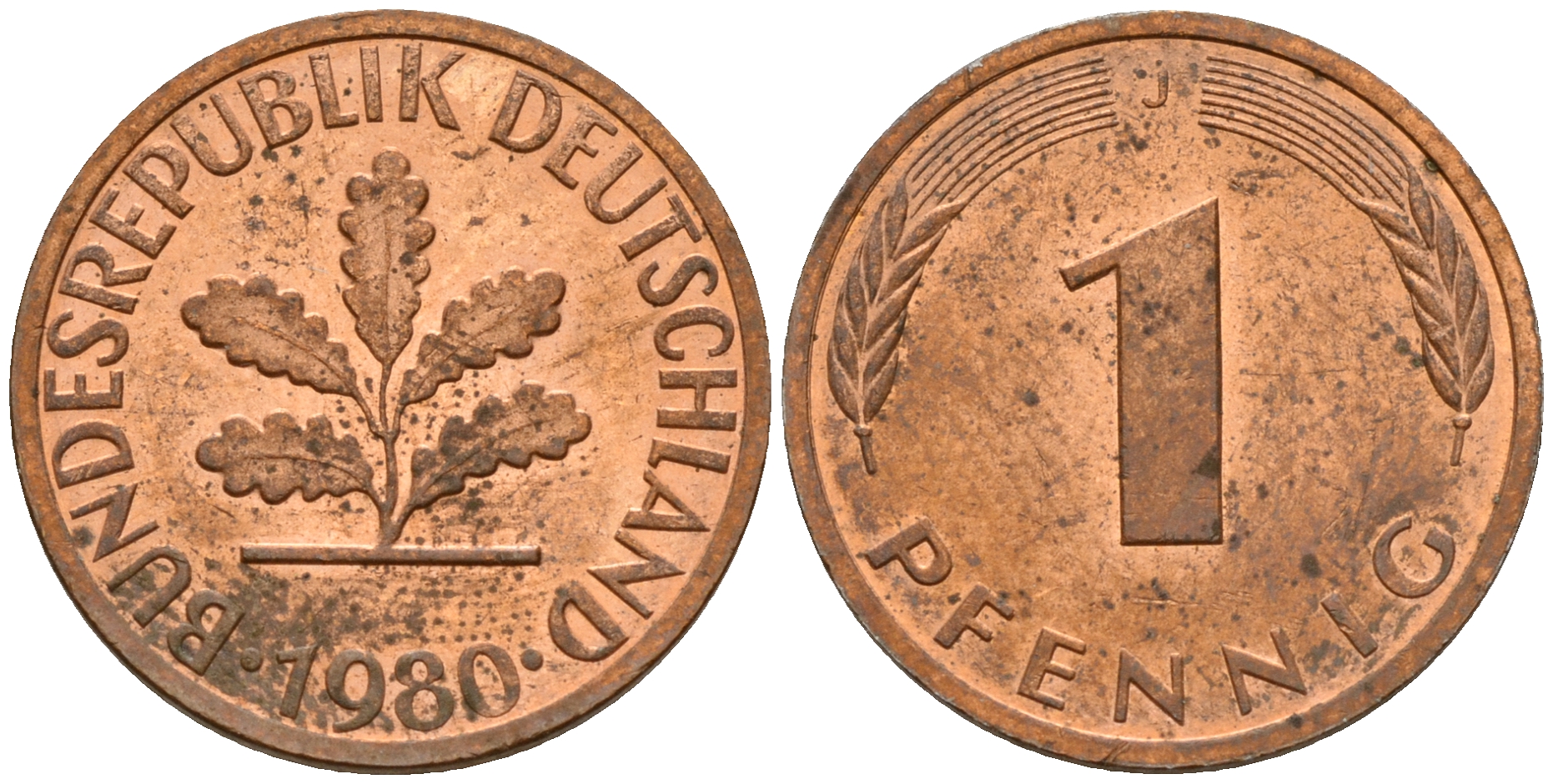 ФРГ 1 пфенниг 1980 J KM 105, J. 380 сталь плакированная медью    4598-615