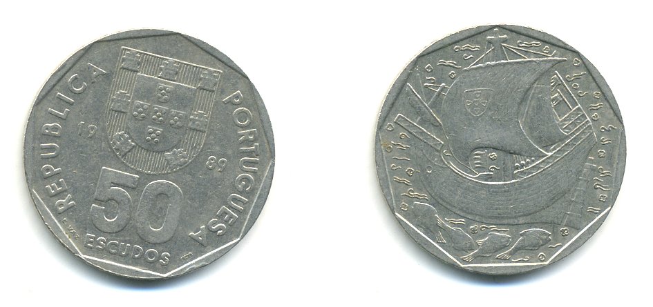 ПОРТУГАЛИЯ 50 ЭСКУДО 1989 КОРАБЛЬ KM 636 медно-никель 54-1321