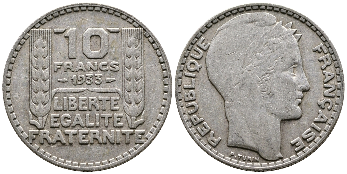 Франция 10 франков 1933 Пьер Тюрен KM 878, Le Franc 360.6 серебро 61-657