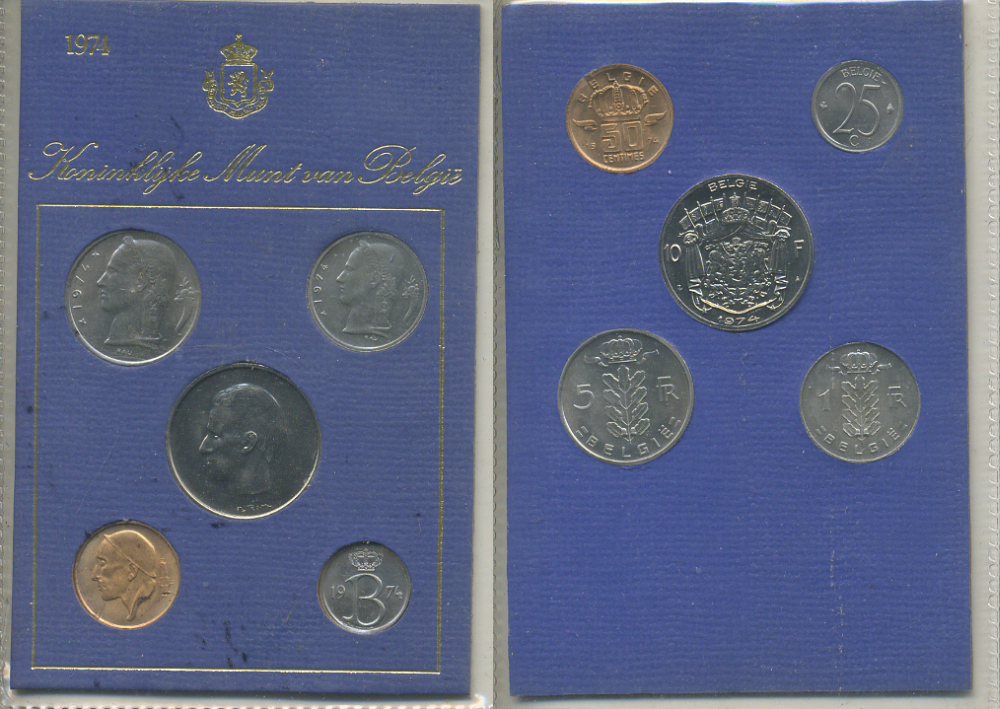 Бельгия набор из 5 монет 1974 BELGIE, в картонном буклете KM SS 9   UNC  1-5-2-36