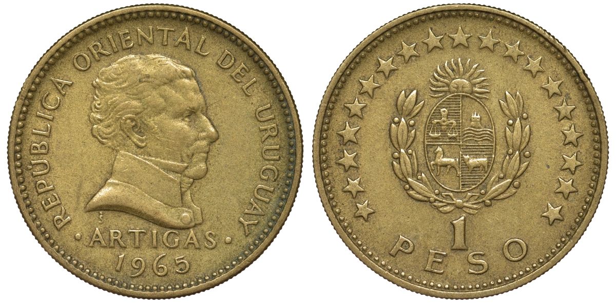 Уругвай 1 песо 1965 KM 46 алюминиевая бронза 34-841