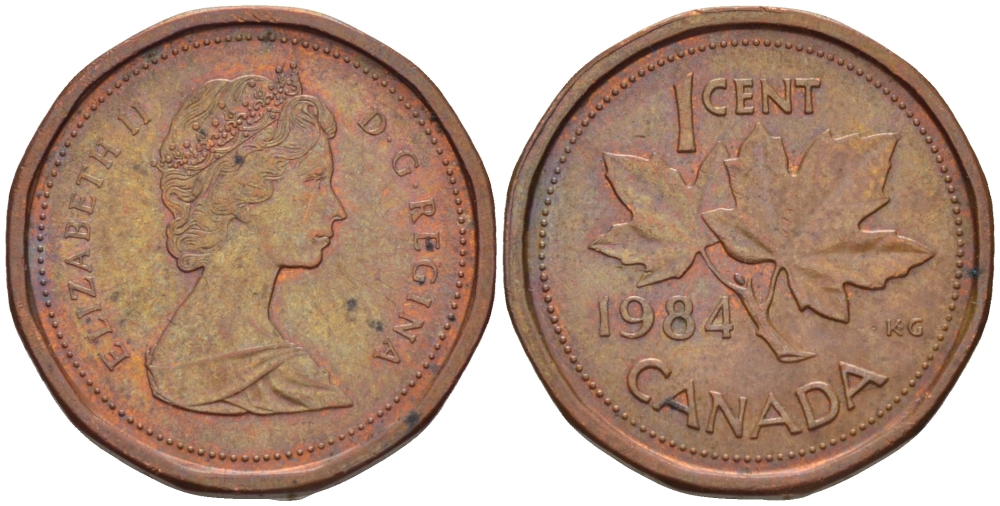 КАНАДА 1 ЦЕНТ 1984 КЛЕНОВЫЙ ЛИСТ, ЕЛИЗАВЕТА II KM 132 бронза 54-1065