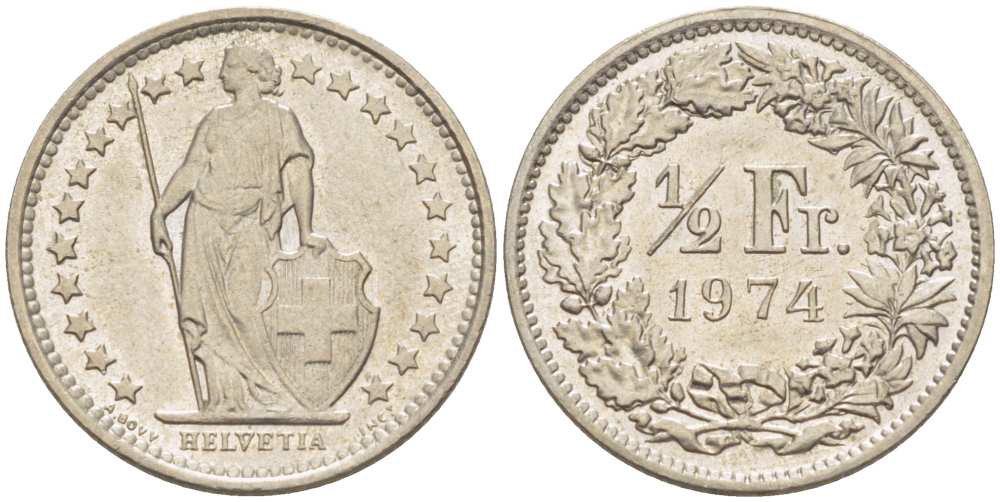 Швейцария 1/2 франка 1974 KM 23а.1 медно-никель aUNC 99-963