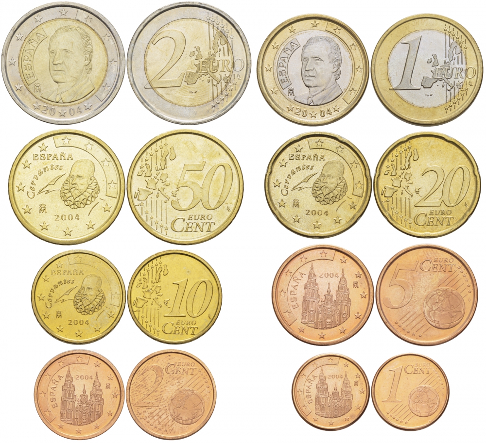 Испания полный евронабор из 8 монет 2004 1, 2, 5, 10, 20, 50 евроцентов, 1 и 2 евро KM 1040, 1041, 1042, 1070, 1071, 1072, 1073, 1074 N6-06