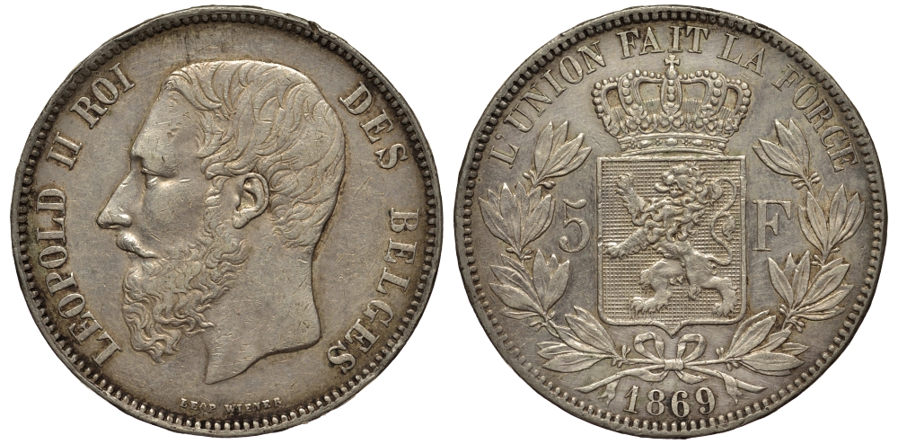 Бельгия 5 франков 1869 Леопольд II (1865-1909) KM 24 серебро    1530-935