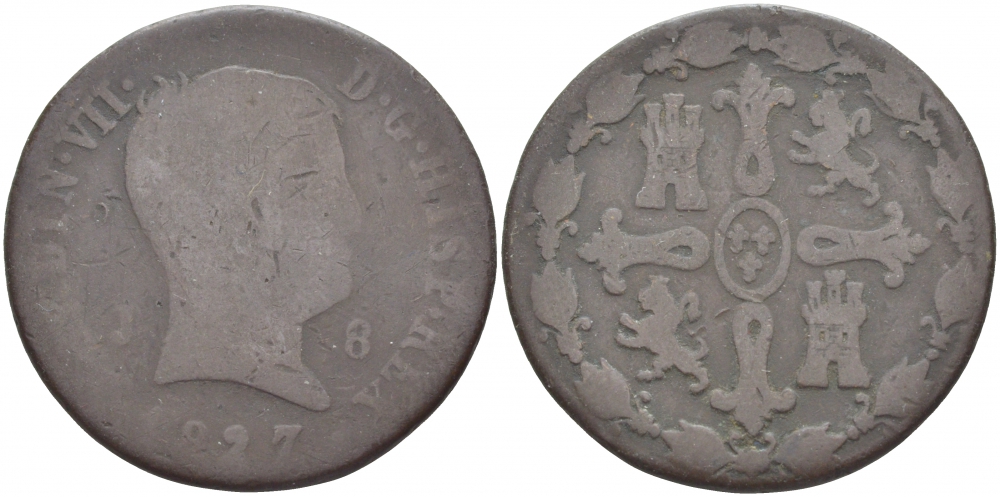 ИСПАНИЯ 8 МАРАВЕДИ 1827 ФЕРДИНАНД VII KM 502.1 медь 4402-622